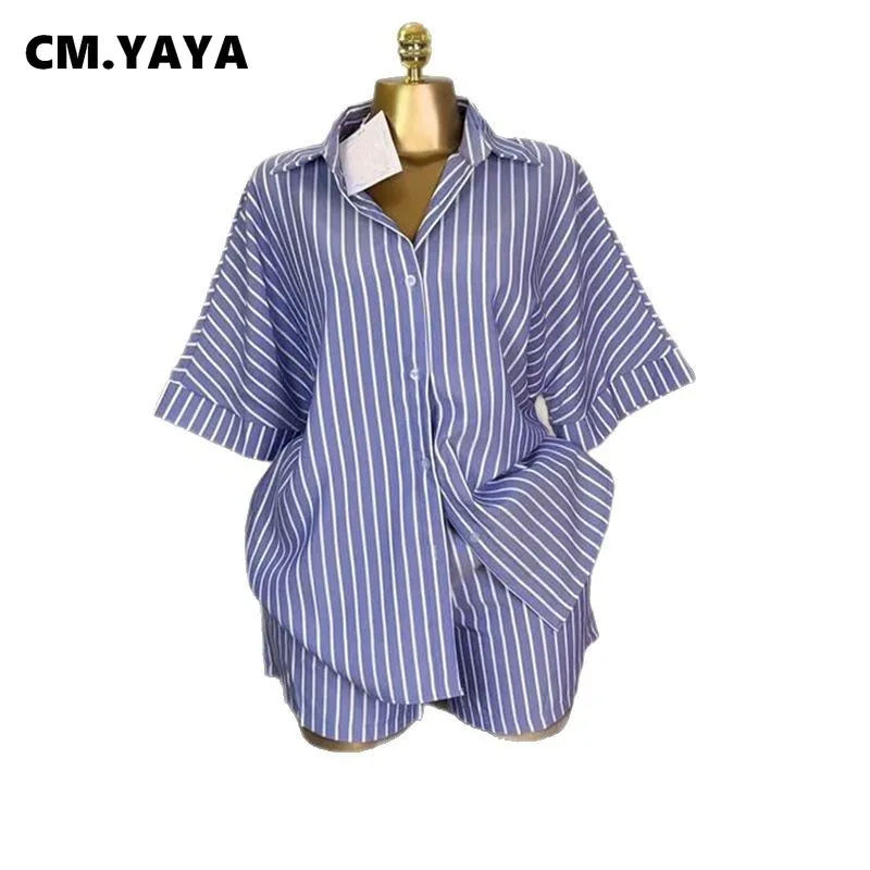 CM.YAYA Fashion Striped Women’s Set Half Sleeve Turn-down T-shirt and Shorts 2025 Summer Chic Two 2 Piece Sets Outfit Tracksuit CM.YAYA Fashion Striped Women's Set Half Sleeve Turn-down T-shirt and Shorts 2025 Summer Chic Two 2 Piece Sets Outfit Tracksuit