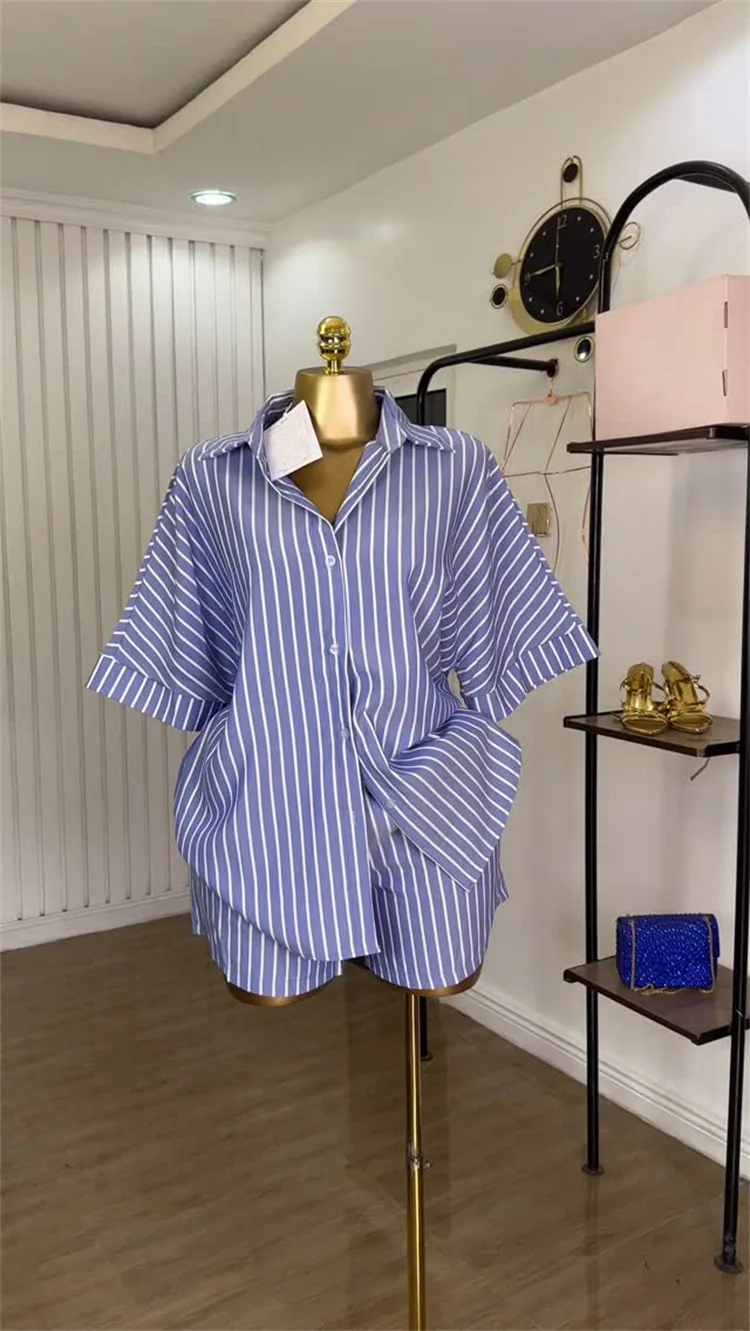 CM.YAYA Fashion Striped Women's Set Half Sleeve Turn-down T-shirt and Shorts 2025 Summer Chic Two 2 Piece Sets Outfit Tracksuit CM.YAYA Fashion Striped Women's Set Half Sleeve Turn-down T-shirt and Shorts 2025 Summer Chic Two 2 Piece Sets Outfit Tracksuit