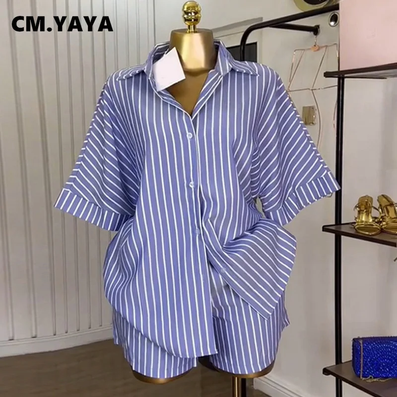 CM.YAYA Fashion Striped Women’s Set Half Sleeve Turn-down T-shirt and Shorts 2025 Summer Chic Two 2 Piece Sets Outfit Tracksuit CM.YAYA Fashion Striped Women's Set Half Sleeve Turn-down T-shirt and Shorts 2025 Summer Chic Two 2 Piece Sets Outfit Tracksuit