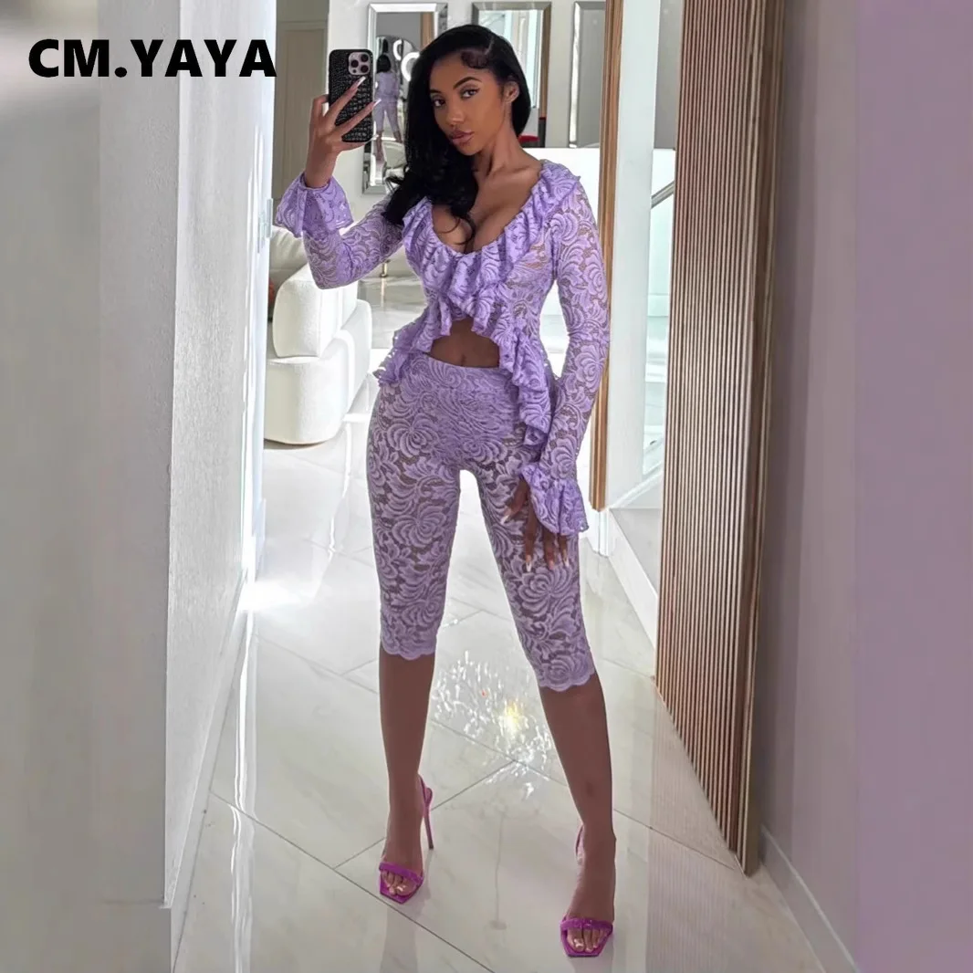 CM.YAYA Sexy Party Lace See Though Women's Set Flare Long Sleeve Crop Tops and Knee Length Pants 2025 Two 2 Piece Sets Outfits