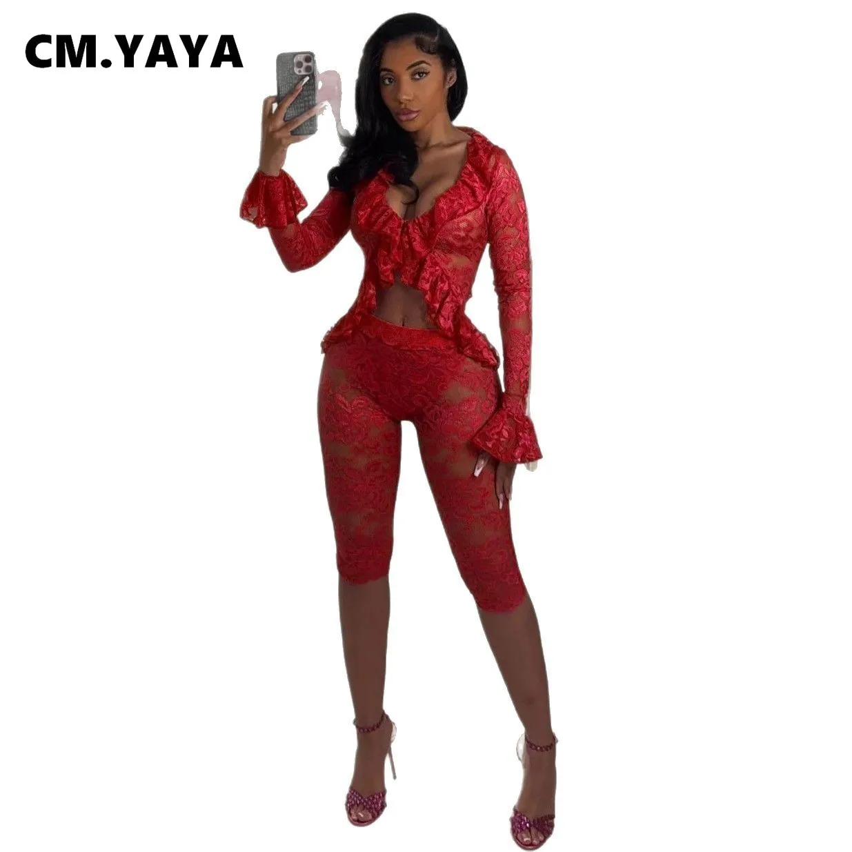 CM.YAYA Sexy Party Lace See Though Women's Set Flare Long Sleeve Crop Tops and Knee Length Pants 2025 Two 2 Piece Sets Outfits