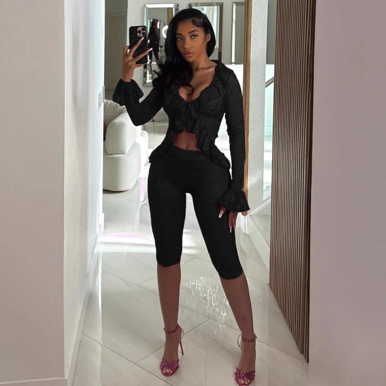 CM.YAYA Sexy Party Lace See Though Women's Set Flare Long Sleeve Crop Tops and Knee Length Pants 2025 Two 2 Piece Sets Outfits CM.YAYA Sexy Party Lace See Though Women's Set Flare Long Sleeve Crop Tops and Knee Length Pants 2025 Two 2 Piece Sets Outfits