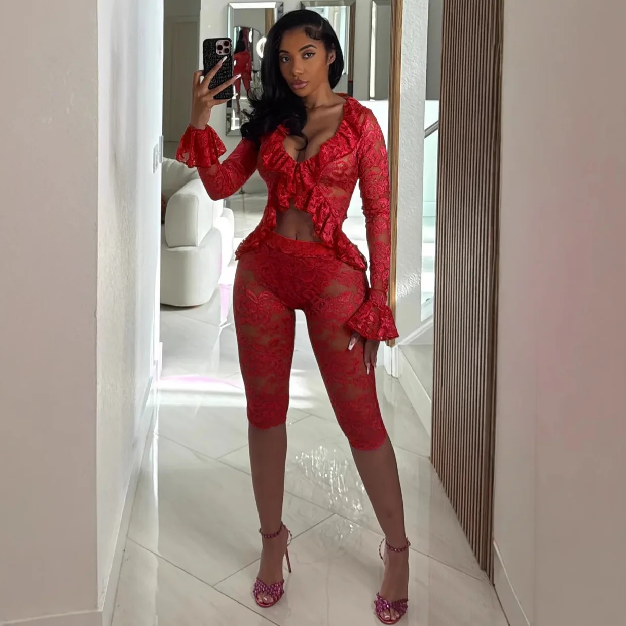 CM.YAYA Sexy Party Lace See Though Women's Set Flare Long Sleeve Crop Tops and Knee Length Pants 2025 Two 2 Piece Sets Outfits CM.YAYA Sexy Party Lace See Though Women's Set Flare Long Sleeve Crop Tops and Knee Length Pants 2025 Two 2 Piece Sets Outfits