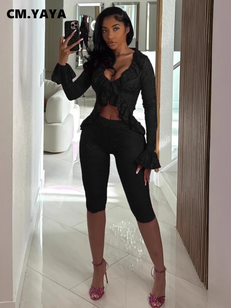 CM.YAYA Sexy Party Lace See Though Women's Set Flare Long Sleeve Crop Tops and Knee Length Pants 2025 Two 2 Piece Sets Outfits