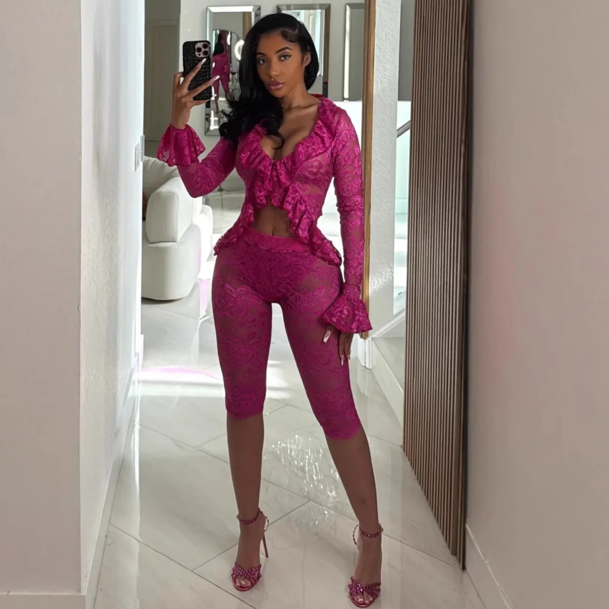 CM.YAYA Sexy Party Lace See Though Women's Set Flare Long Sleeve Crop Tops and Knee Length Pants 2025 Two 2 Piece Sets Outfits CM.YAYA Sexy Party Lace See Though Women's Set Flare Long Sleeve Crop Tops and Knee Length Pants 2025 Two 2 Piece Sets Outfits