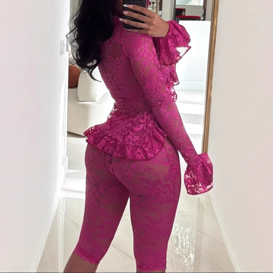 CM.YAYA Sexy Party Lace See Though Women's Set Flare Long Sleeve Crop Tops and Knee Length Pants 2025 Two 2 Piece Sets Outfits CM.YAYA Sexy Party Lace See Though Women's Set Flare Long Sleeve Crop Tops and Knee Length Pants 2025 Two 2 Piece Sets Outfits