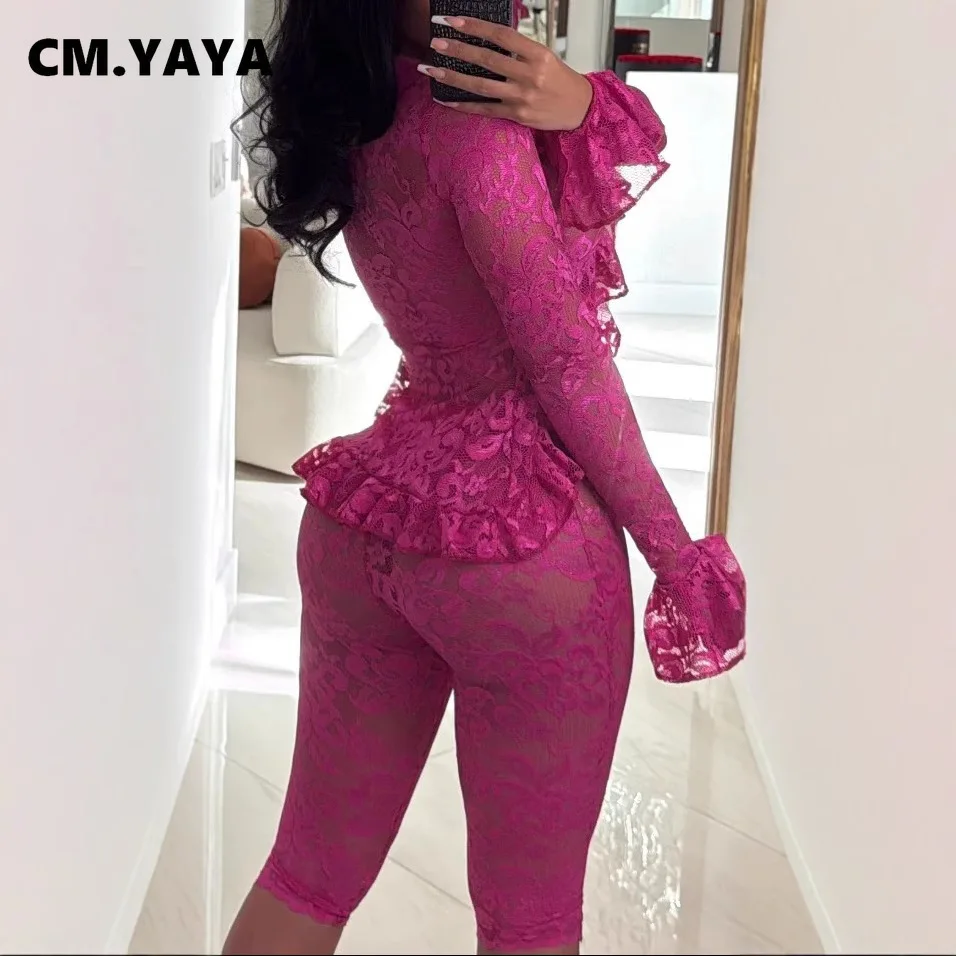 CM.YAYA Sexy Party Lace See Though Women's Set Flare Long Sleeve Crop Tops and Knee Length Pants 2025 Two 2 Piece Sets Outfits