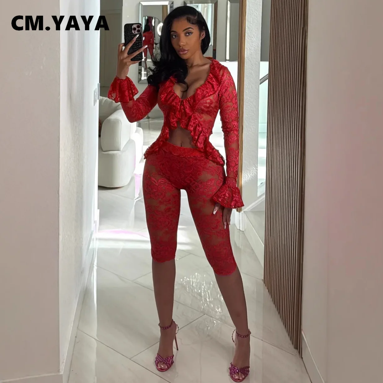 CM.YAYA Sexy Party Lace See Though Women's Set Flare Long Sleeve Crop Tops and Knee Length Pants 2025 Two 2 Piece Sets Outfits