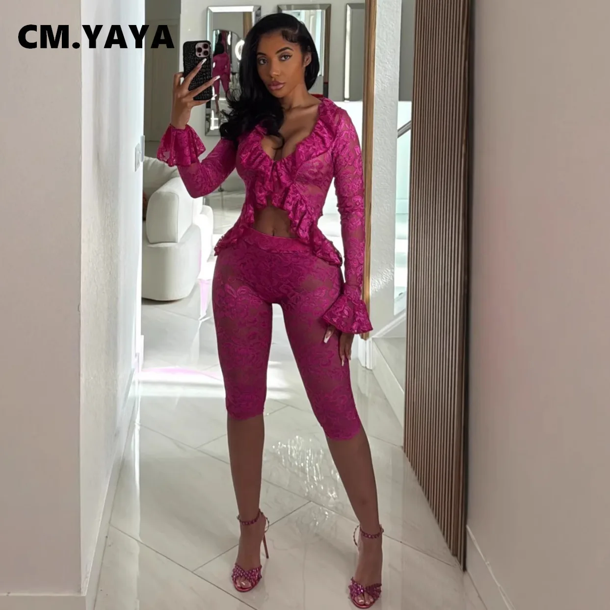 CM.YAYA Sexy Party Lace See Though Women's Set Flare Long Sleeve Crop Tops and Knee Length Pants 2025 Two 2 Piece Sets Outfits