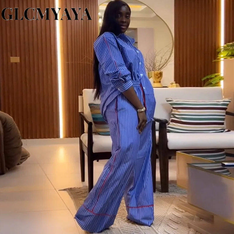 CM.YAYA Fashion Striped Print Women's Set Long Sleeve Blouse Shirt + Wide Leg Pants 2025 Chic Two 2 Piece Sets Outfits Tracksuit