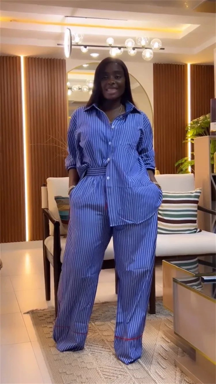 CM.YAYA Fashion Striped Print Women's Set Long Sleeve Blouse Shirt + Wide Leg Pants 2025 Chic Two 2 Piece Sets Outfits Tracksuit