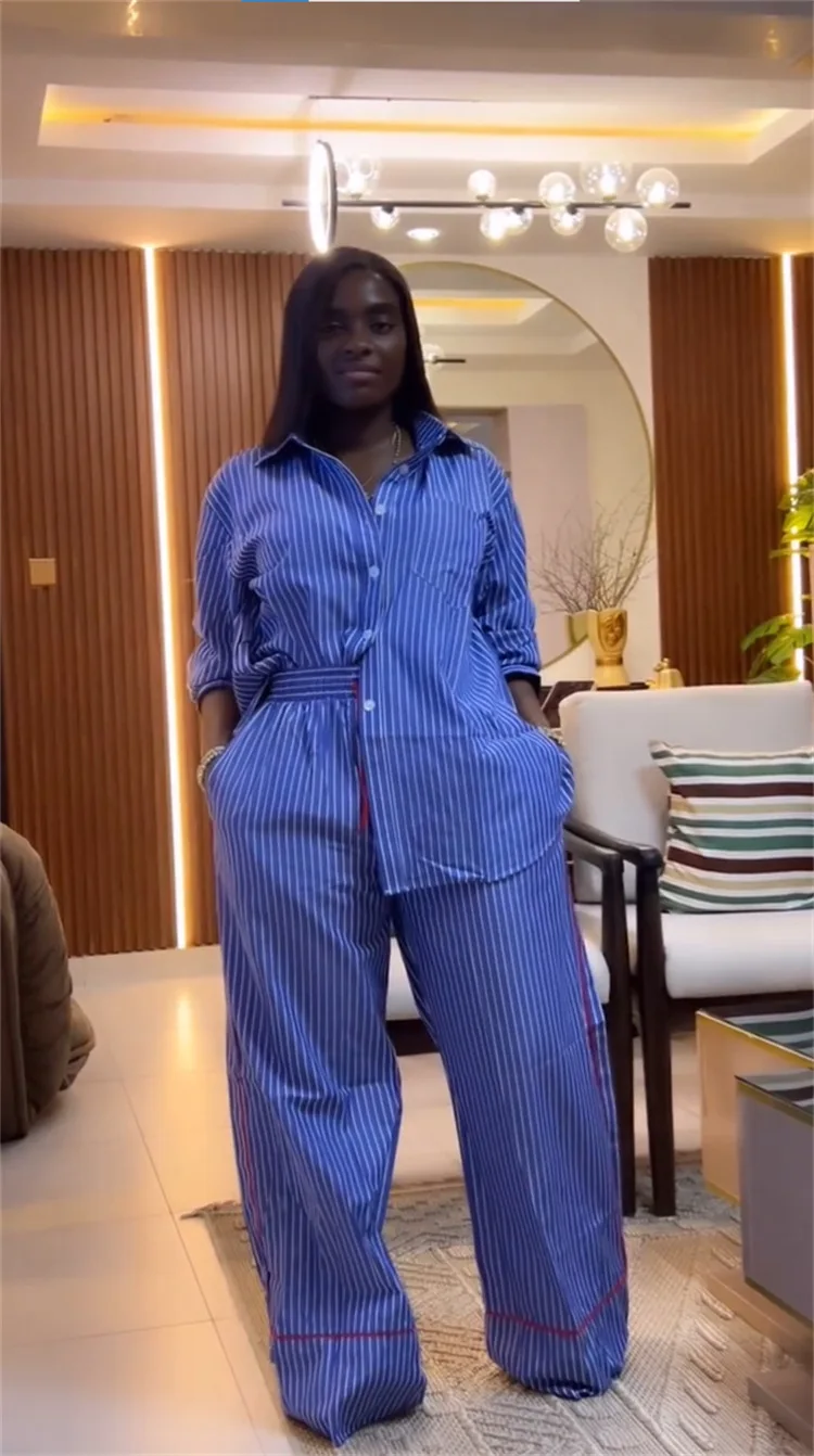 CM.YAYA Fashion Striped Print Women's Set Long Sleeve Blouse Shirt + Wide Leg Pants 2025 Chic Two 2 Piece Sets Outfits Tracksuit