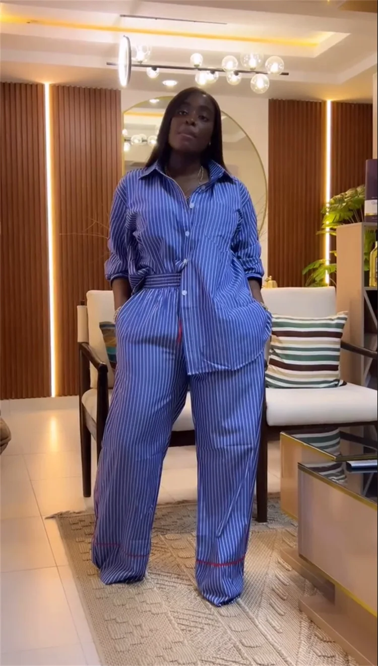 CM.YAYA Fashion Striped Print Women's Set Long Sleeve Blouse Shirt + Wide Leg Pants 2025 Chic Two 2 Piece Sets Outfits Tracksuit