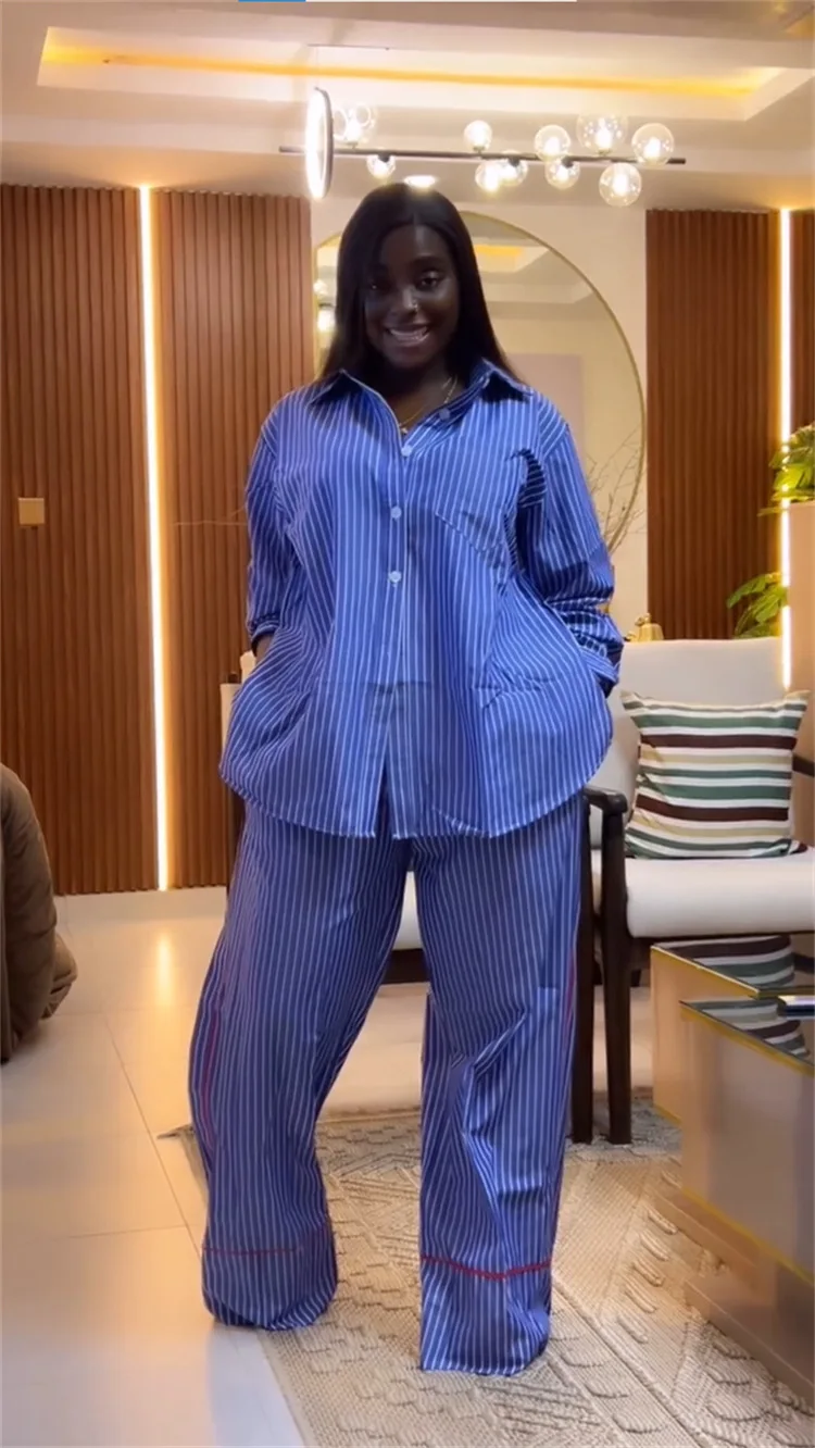 CM.YAYA Fashion Striped Print Women's Set Long Sleeve Blouse Shirt + Wide Leg Pants 2025 Chic Two 2 Piece Sets Outfits Tracksuit