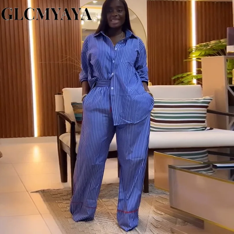 CM.YAYA Fashion Striped Print Women's Set Long Sleeve Blouse Shirt + Wide Leg Pants 2025 Chic Two 2 Piece Sets Outfits Tracksuit