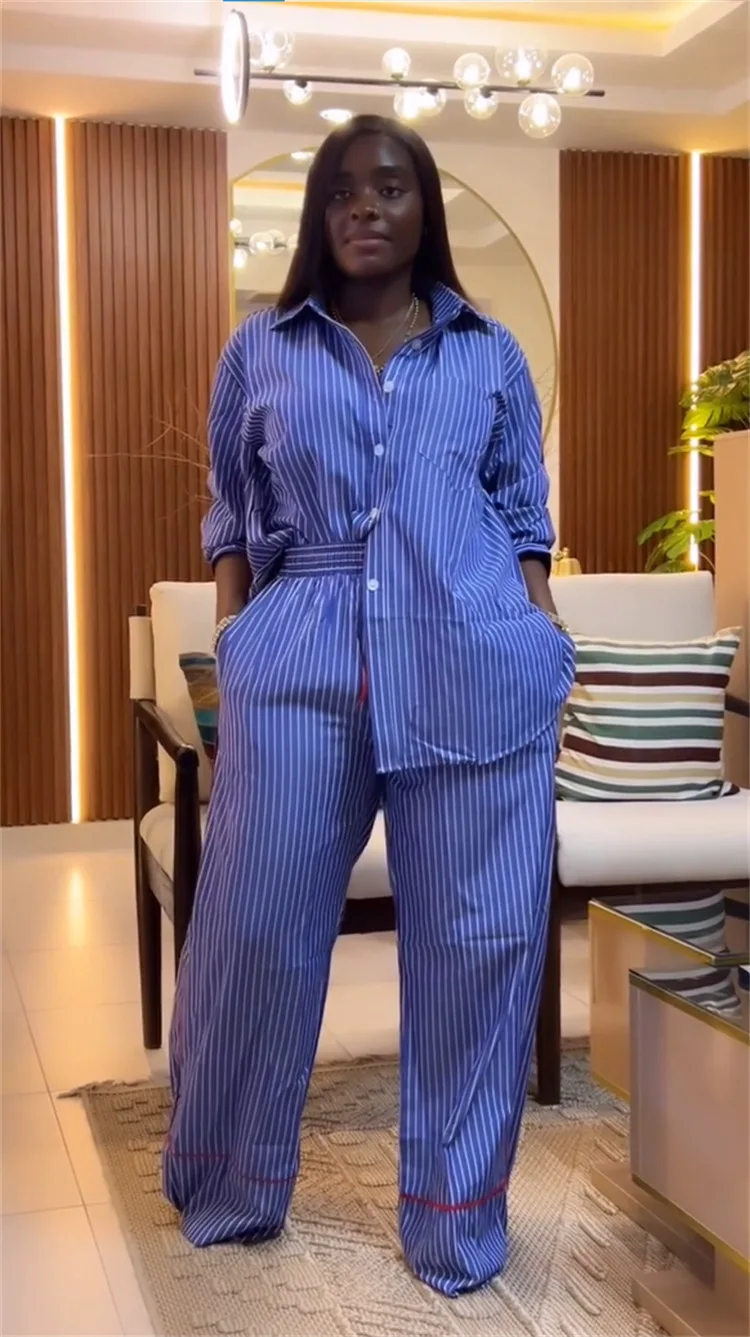 CM.YAYA Fashion Striped Print Women's Set Long Sleeve Blouse Shirt + Wide Leg Pants 2025 Chic Two 2 Piece Sets Outfits Tracksuit