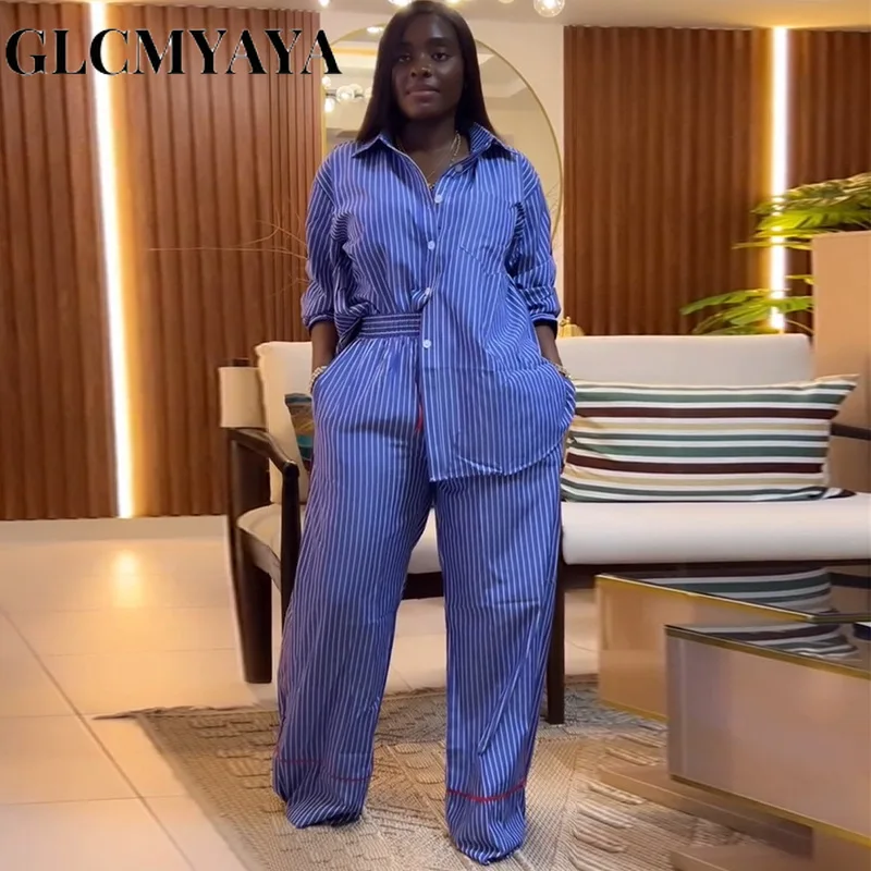 CM.YAYA Fashion Striped Print Women's Set Long Sleeve Blouse Shirt + Wide Leg Pants 2025 Chic Two 2 Piece Sets Outfits Tracksuit