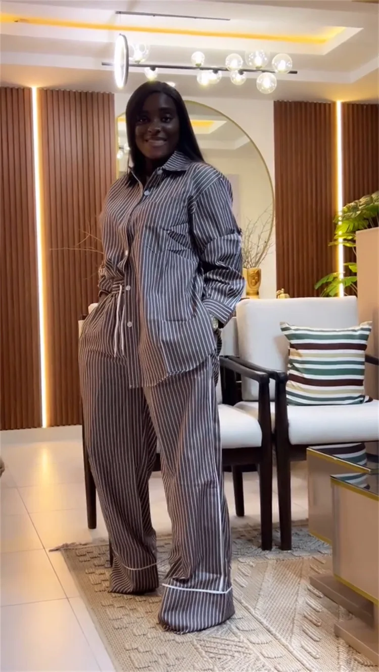 CM.YAYA Fashion Striped Print Women's Set Long Sleeve Blouse Shirt + Wide Leg Pants 2025 Chic Two 2 Piece Sets Outfits Tracksuit