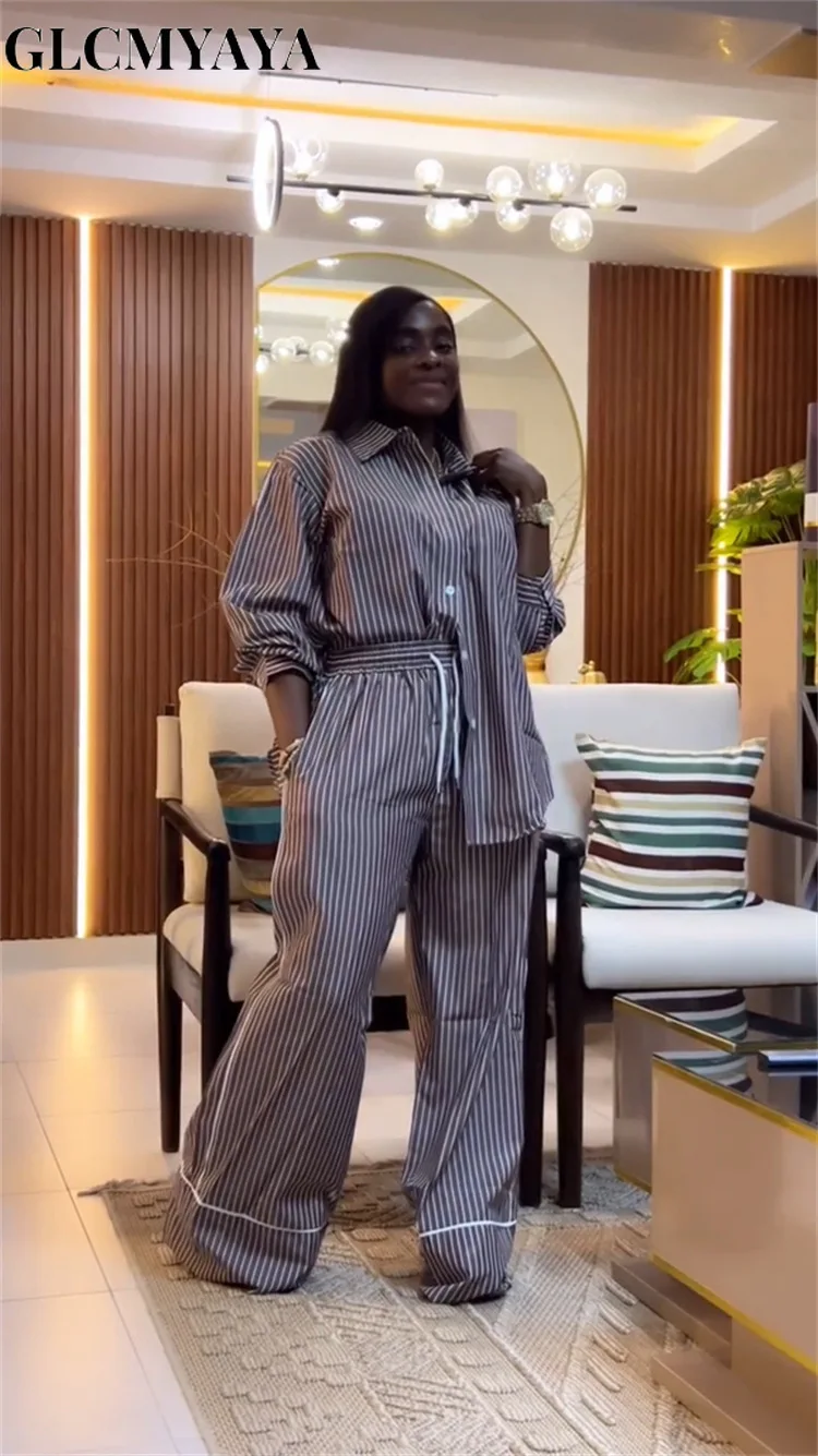 CM.YAYA Fashion Striped Print Women's Set Long Sleeve Blouse Shirt + Wide Leg Pants 2025 Chic Two 2 Piece Sets Outfits Tracksuit