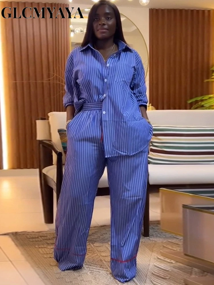 CM.YAYA Fashion Striped Print Women's Set Long Sleeve Blouse Shirt + Wide Leg Pants 2025 Chic Two 2 Piece Sets Outfits Tracksuit