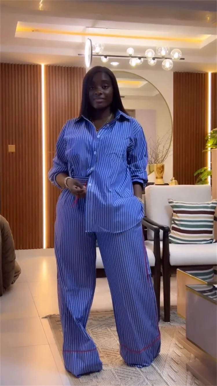 CM.YAYA Fashion Striped Print Women's Set Long Sleeve Blouse Shirt + Wide Leg Pants 2025 Chic Two 2 Piece Sets Outfits Tracksuit