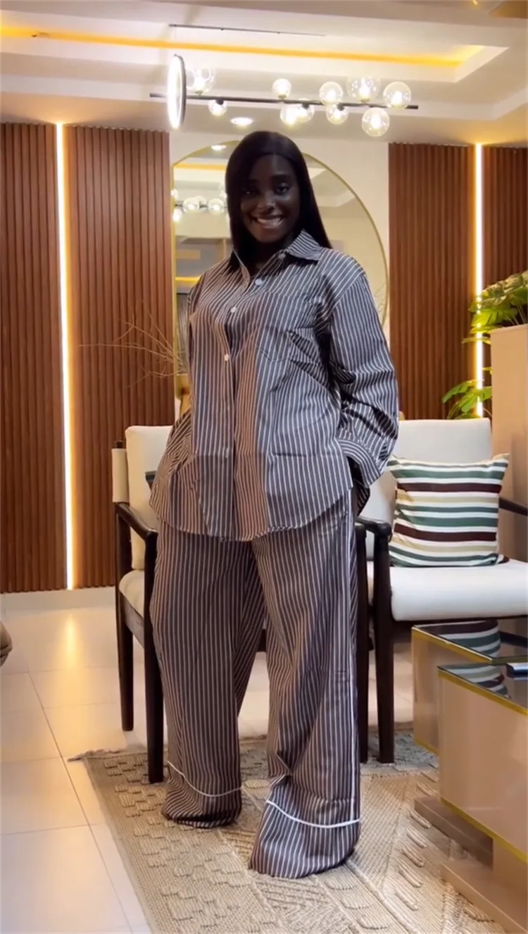 CM.YAYA Fashion Striped Print Women's Set Long Sleeve Blouse Shirt + Wide Leg Pants 2025 Chic Two 2 Piece Sets Outfits Tracksuit
