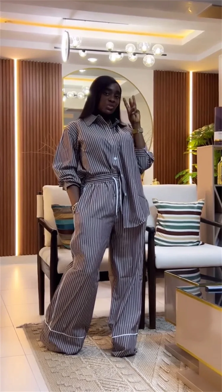CM.YAYA Fashion Striped Print Women's Set Long Sleeve Blouse Shirt + Wide Leg Pants 2025 Chic Two 2 Piece Sets Outfits Tracksuit