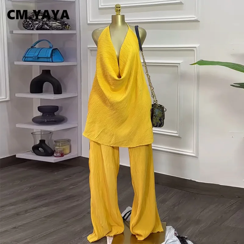 CM.YAYA Fashion Women's Set Deep V-neck Halter Top and Wide Leg Pants Suits 2025 Street Party Two 2 Piece Sets Outfits Tracksuit