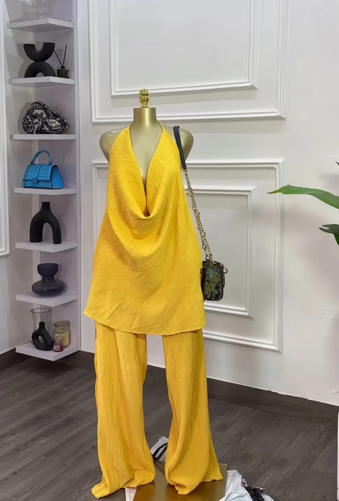 CM.YAYA Fashion Women's Set Deep V-neck Halter Top and Wide Leg Pants Suits 2025 Street Party Two 2 Piece Sets Outfits Tracksuit