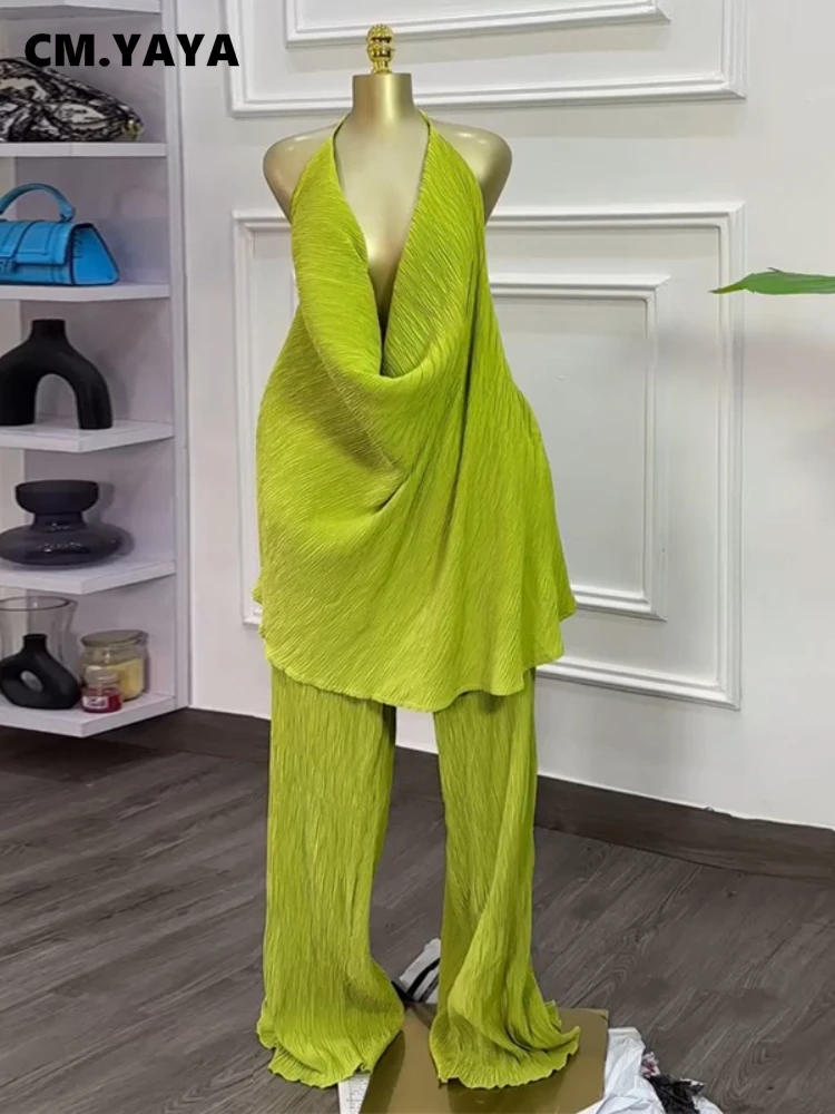 CM.YAYA Fashion Women's Set Deep V-neck Halter Top and Wide Leg Pants Suits 2025 Street Party Two 2 Piece Sets Outfits Tracksuit