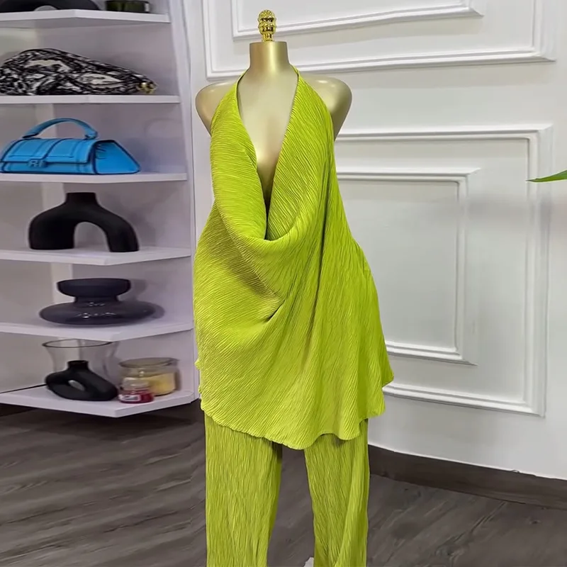 CM.YAYA Fashion Women's Set Deep V-neck Halter Top and Wide Leg Pants Suits 2025 Street Party Two 2 Piece Sets Outfits Tracksuit