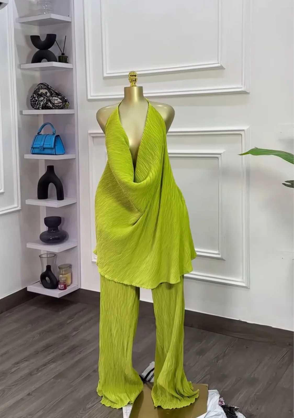 CM.YAYA Fashion Women's Set Deep V-neck Halter Top and Wide Leg Pants Suits 2025 Street Party Two 2 Piece Sets Outfits Tracksuit