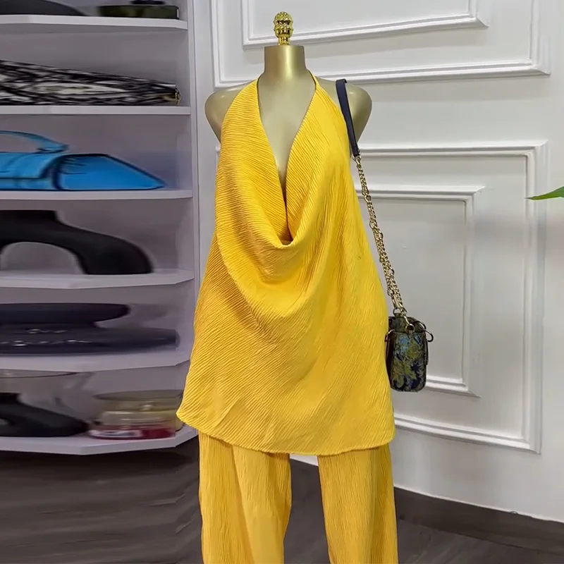 CM.YAYA Fashion Women's Set Deep V-neck Halter Top and Wide Leg Pants Suits 2025 Street Party Two 2 Piece Sets Outfits Tracksuit