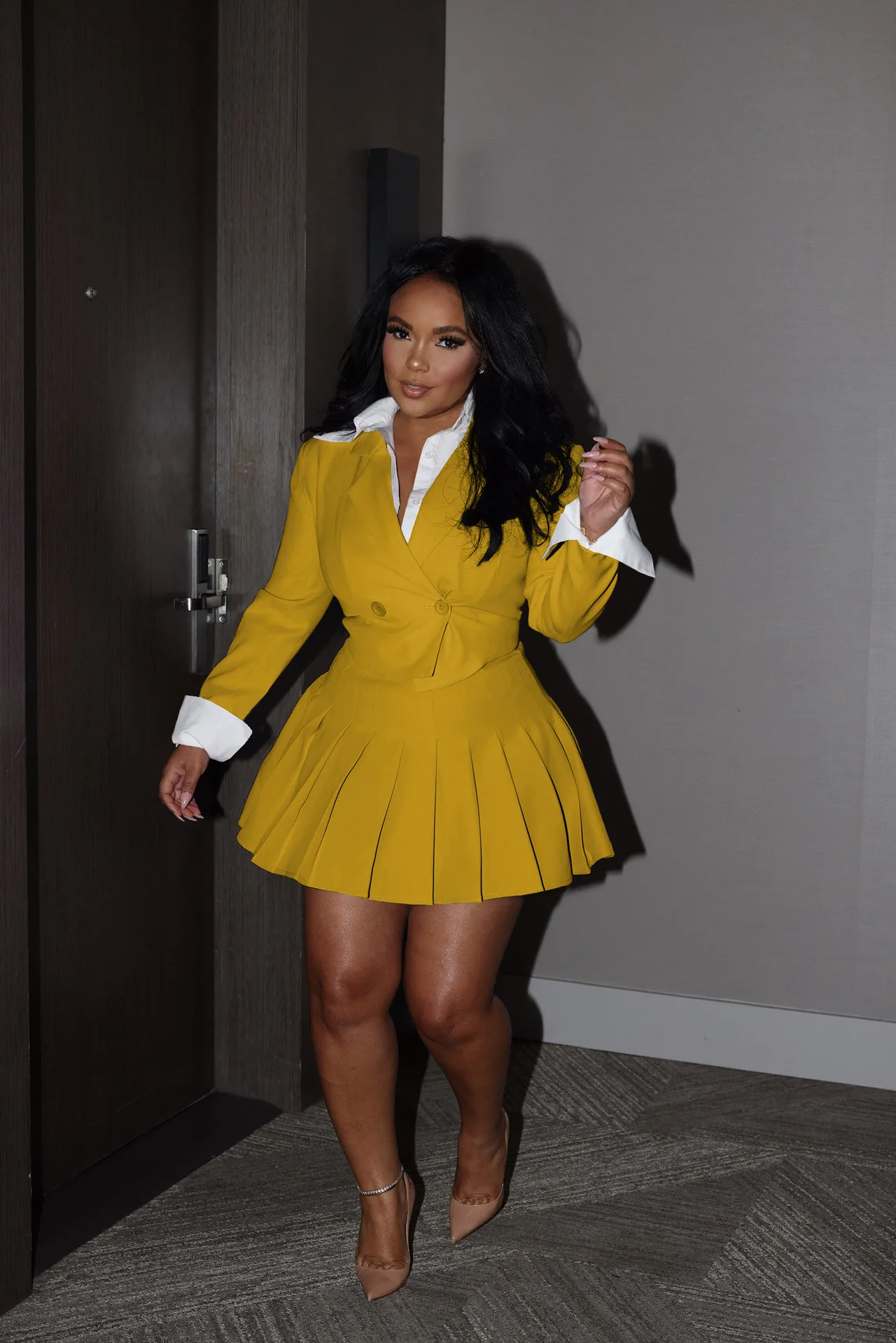 CM.YAYA 2024 INS Women Fashion Pleated Mini Skirts Suit and Shirt Patchwork Long Sleeve Blazer Matching 2 Two Piece Set Outfits