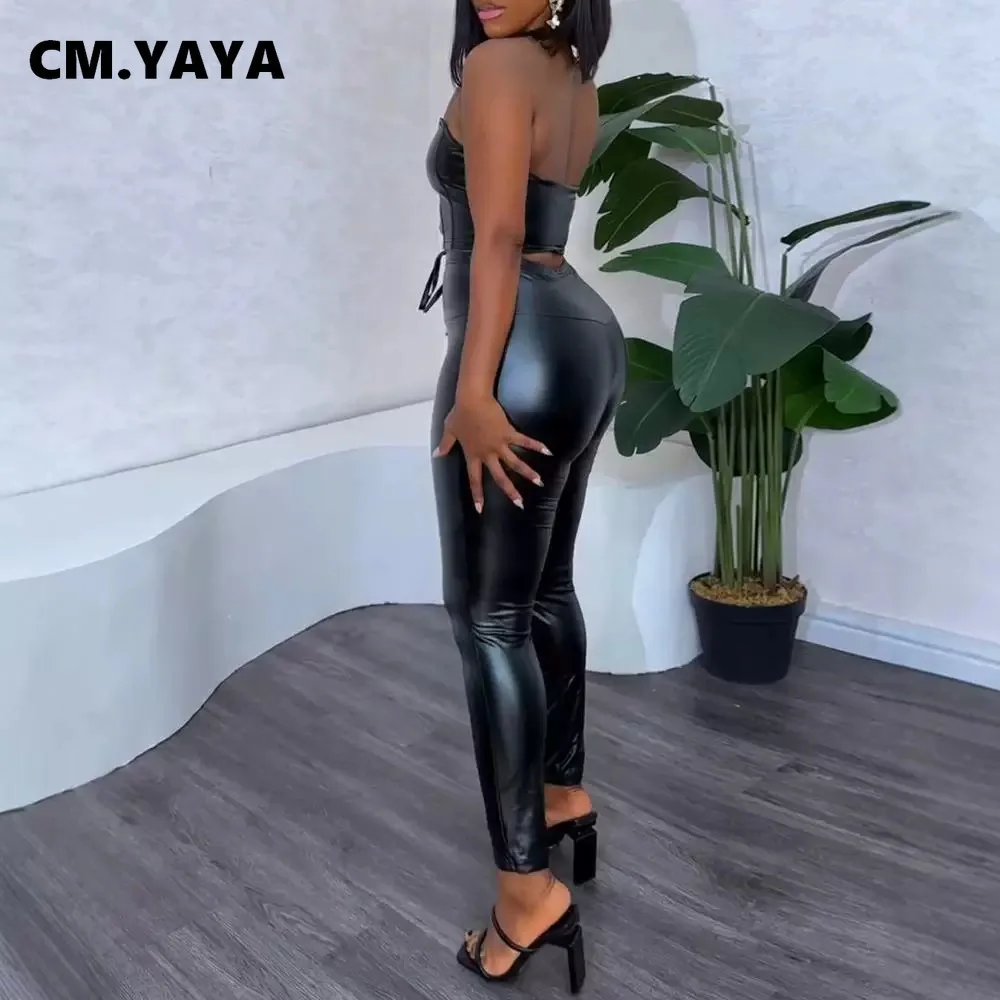 CM.YAYA Women Set PU Leather Strapless Top + Pencil Pants Suits Winter Fitness Streetwear Two 2 Piece Sets Outfits Tracksuit CM.YAYA Women Set PU Leather Strapless Top + Pencil Pants Suits Winter Fitness Streetwear Two 2 Piece Sets Outfits Tracksuit