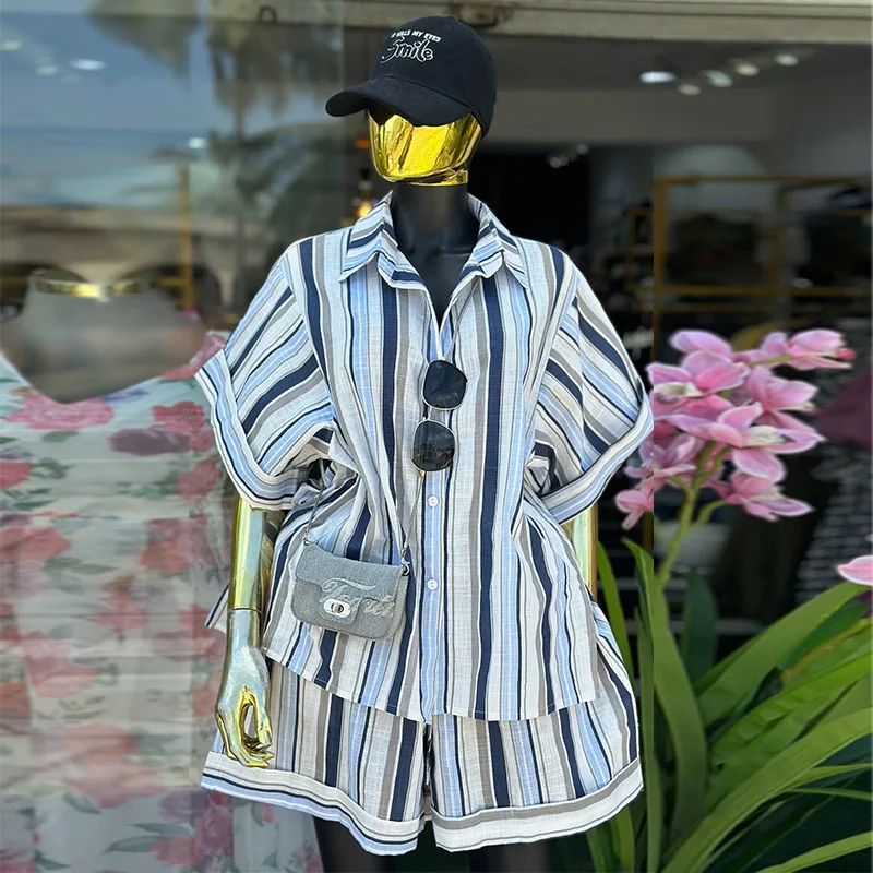 CM.YAYA Fashion Women's Set Short Sleeve Striped Turn-down Collar Shirt and Shorts 2026 INS Two 2 Piece Sets Outfit Tracksuits CM.YAYA Fashion Women's Set Short Sleeve Striped Turn-down Collar Shirt and Shorts 2026 INS Two 2 Piece Sets Outfit Tracksuits