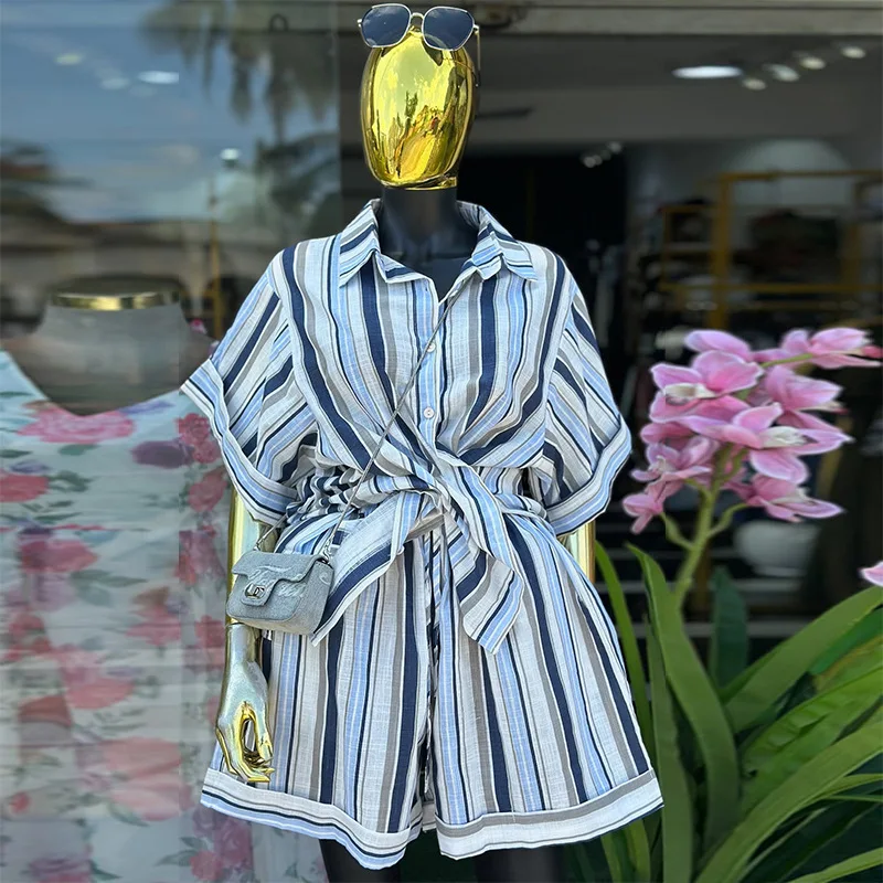 CM.YAYA Fashion Women's Set Short Sleeve Striped Turn-down Collar Shirt and Shorts 2026 INS Two 2 Piece Sets Outfit Tracksuits CM.YAYA Fashion Women's Set Short Sleeve Striped Turn-down Collar Shirt and Shorts 2026 INS Two 2 Piece Sets Outfit Tracksuits