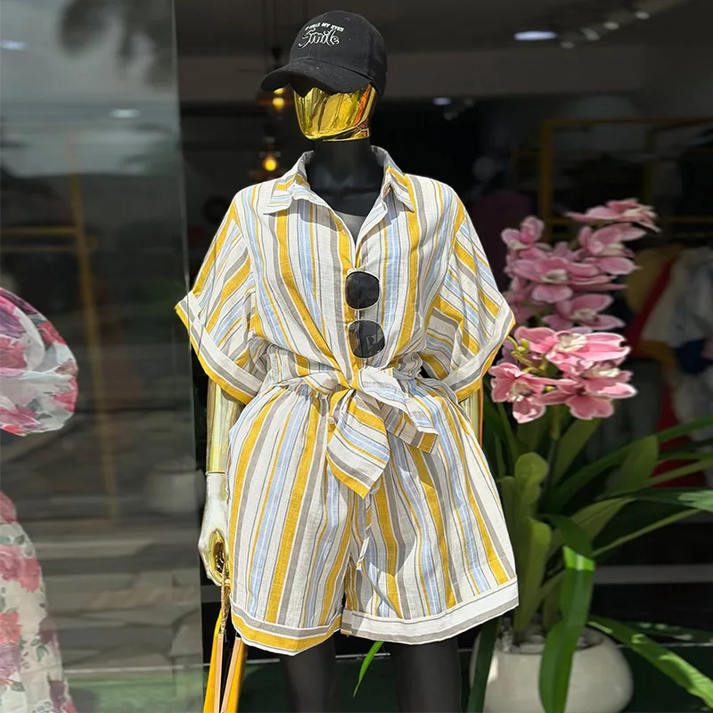 CM.YAYA Fashion Women's Set Short Sleeve Striped Turn-down Collar Shirt and Shorts 2026 INS Two 2 Piece Sets Outfit Tracksuits CM.YAYA Fashion Women's Set Short Sleeve Striped Turn-down Collar Shirt and Shorts 2026 INS Two 2 Piece Sets Outfit Tracksuits