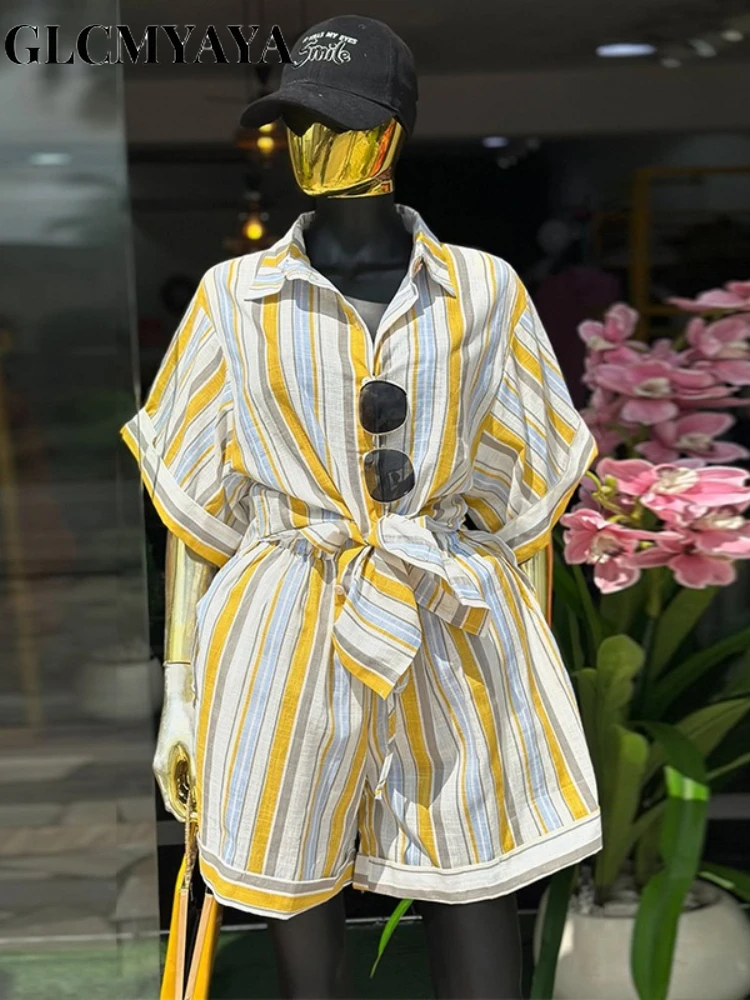 CM.YAYA Fashion Women's Set Short Sleeve Striped Turn-down Collar Shirt and Shorts 2026 INS Two 2 Piece Sets Outfit Tracksuits