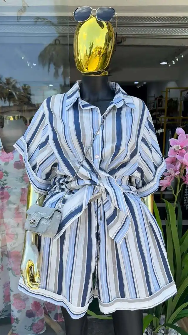 CM.YAYA Fashion Women's Set Short Sleeve Striped Turn-down Collar Shirt and Shorts 2026 INS Two 2 Piece Sets Outfit Tracksuits CM.YAYA Fashion Women's Set Short Sleeve Striped Turn-down Collar Shirt and Shorts 2026 INS Two 2 Piece Sets Outfit Tracksuits