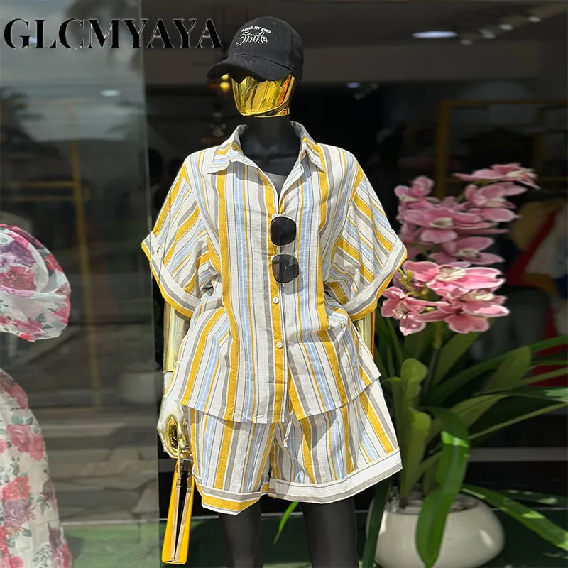 CM.YAYA Fashion Women's Set Short Sleeve Striped Turn-down Collar Shirt and Shorts 2026 INS Two 2 Piece Sets Outfit Tracksuits