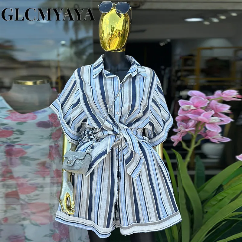 CM.YAYA Fashion Women's Set Short Sleeve Striped Turn-down Collar Shirt and Shorts 2026 INS Two 2 Piece Sets Outfit Tracksuits