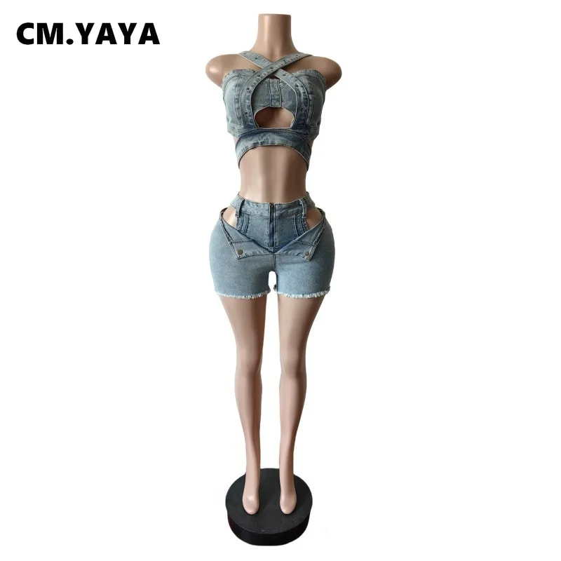 CM.YAYA Fashion Denim Cutout Women’s Set Wrap Strap Crop Top and Shorts Jeans 2025 Summer Two 2 Piece Sets Outfits Tracksuit CM.YAYA Fashion Denim Cutout Women's Set Wrap Strap Crop Top and Shorts Jeans 2025 Summer Two 2 Piece Sets Outfits Tracksuit