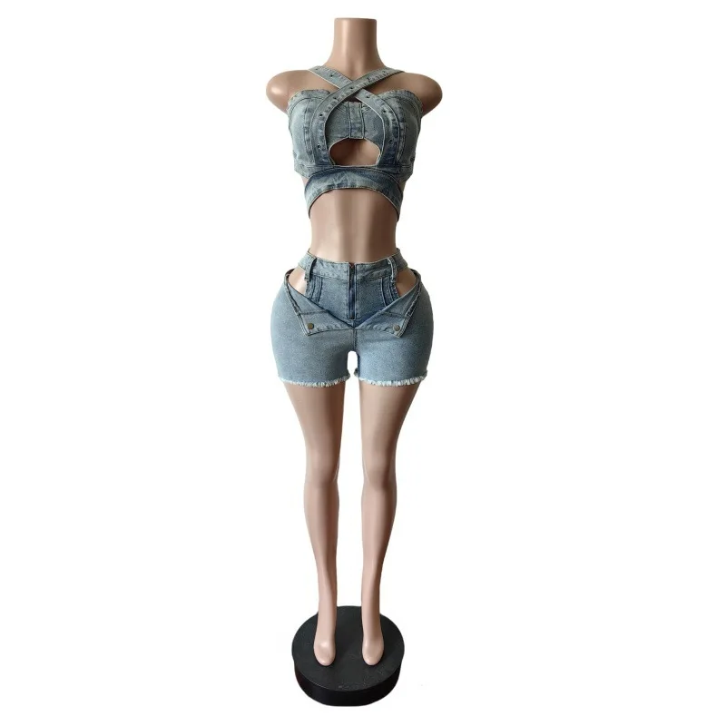 CM.YAYA Fashion Denim Cutout Women's Set Wrap Strap Crop Top and Shorts Jeans 2025 Summer Two 2 Piece Sets Outfits Tracksuit