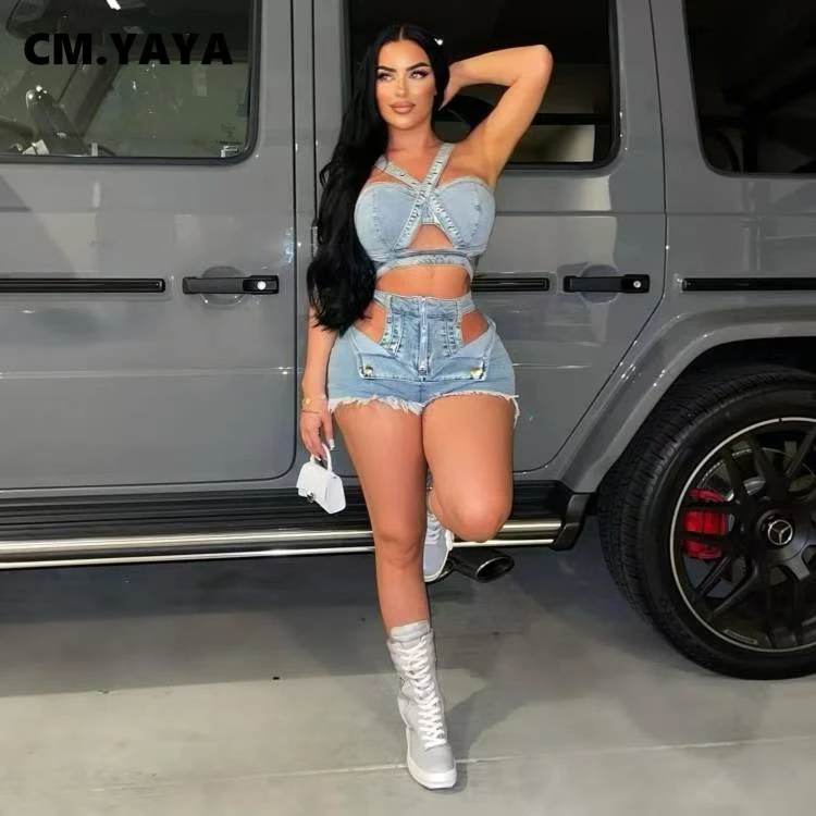 CM.YAYA Fashion Denim Cutout Women’s Set Wrap Strap Crop Top and Shorts Jeans 2025 Summer Two 2 Piece Sets Outfits Tracksuit CM.YAYA Fashion Denim Cutout Women's Set Wrap Strap Crop Top and Shorts Jeans 2025 Summer Two 2 Piece Sets Outfits Tracksuit