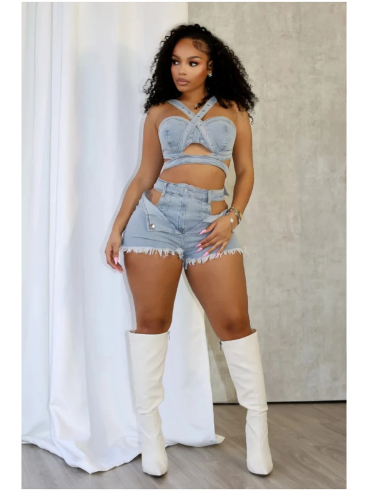 CM.YAYA Fashion Denim Cutout Women's Set Wrap Strap Crop Top and Shorts Jeans 2025 Summer Two 2 Piece Sets Outfits Tracksuit