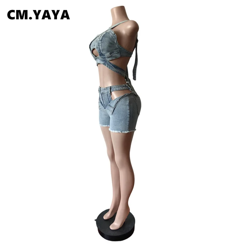 CM.YAYA Fashion Denim Cutout Women’s Set Wrap Strap Crop Top and Shorts Jeans 2025 Summer Two 2 Piece Sets Outfits Tracksuit CM.YAYA Fashion Denim Cutout Women's Set Wrap Strap Crop Top and Shorts Jeans 2025 Summer Two 2 Piece Sets Outfits Tracksuit