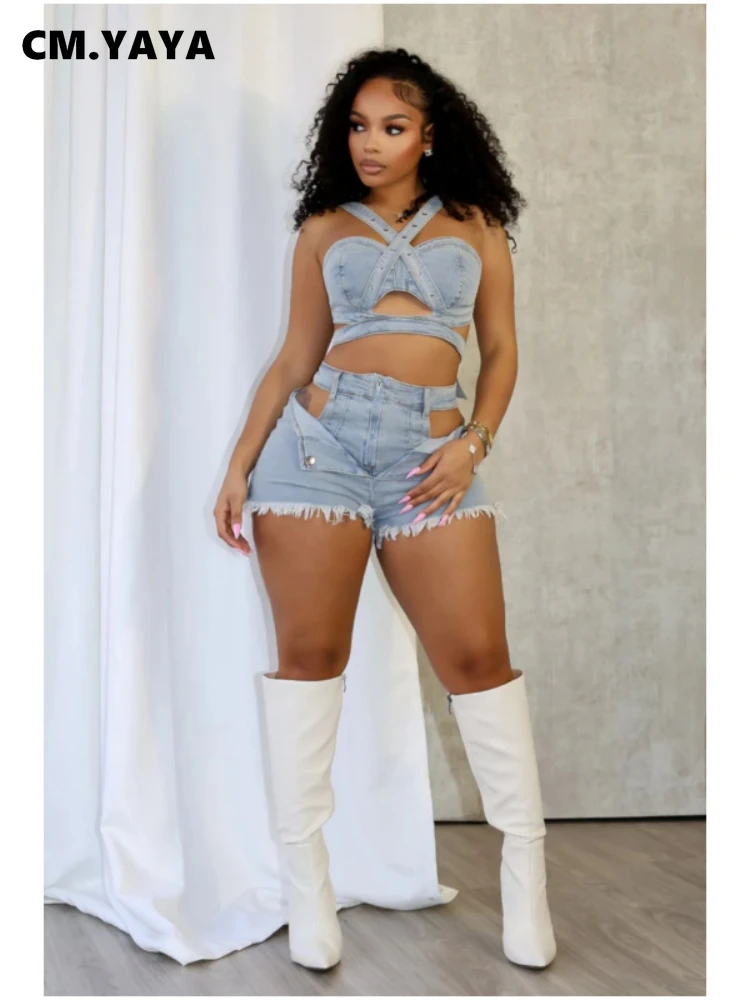CM.YAYA Fashion Denim Cutout Women’s Set Wrap Strap Crop Top and Shorts Jeans 2025 Summer Two 2 Piece Sets Outfits Tracksuit CM.YAYA Fashion Denim Cutout Women's Set Wrap Strap Crop Top and Shorts Jeans 2025 Summer Two 2 Piece Sets Outfits Tracksuit