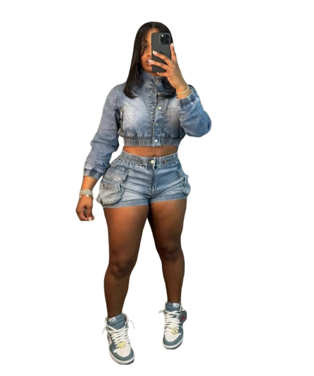 CM.YAYA Denim Women's Set Long Sleeve Crop Jean Jacket +Shorts Jeans Suit Street Cargo Tracksuit Two Piece Set Fitness Outfits