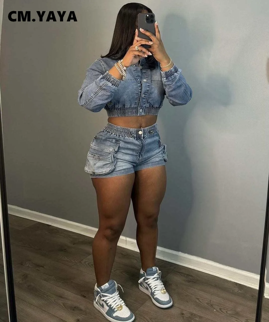 CM.YAYA Denim Women's Set Long Sleeve Crop Jean Jacket +Shorts Jeans Suit Street Cargo Tracksuit Two Piece Set Fitness Outfits